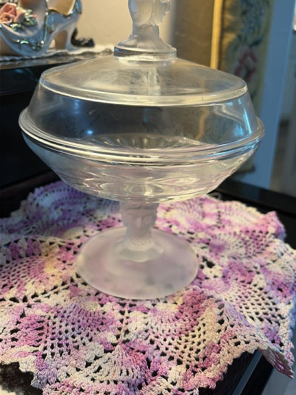 ANTIQUE Frosted Glass Compote Candy Dish - Elegant Pedestal Lidded Bowl 3 faces